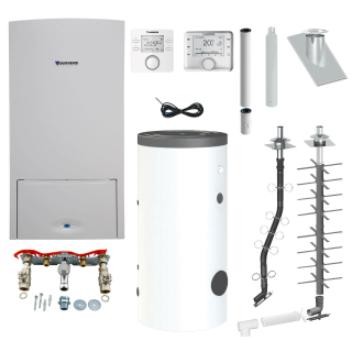 BOSCH/Junkers Gas-Brennwert-Therme ZSB 14-5 C 23, 14 kW CW100 Aufputz 300 L mit Sicherheitsgruppe Grundpaket Kamin + 8 m Abgas