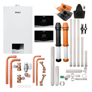 Vaillant ecoTEC plus VCW 25/32CS/1-5 E/LL/P, mit sensoCOMFORT 720, mit Anschlüssen AP/UP, Dachdurchführung rot 1,8 m